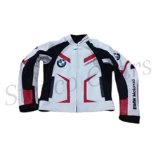 WHITE BMW MOTORRAD NEW LEATHER RACING JACKET ARMOR PROTECTED CE APPROVED FOR MEN