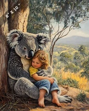 Australian Koala Nuzzling Child Under Tree 8x10 Matte Print - Wildlife Art