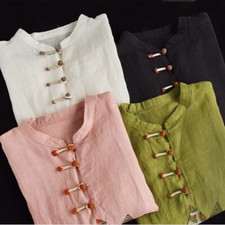 Damen Chinesisch Top Tee Hemd Halb Knopf Bestickt Fish Hanfu Freizeit Retro Chic