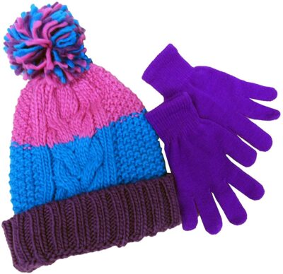 Berkshire Little Girls' 2-Pc winter Knitted pompom Hat Gloves Set Pink  Purple