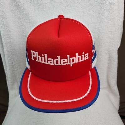 VTG Philadelphia Truckers Hat Cap Red White 3 Stripe Snapback Mesh 1980s - Image 1 of 4