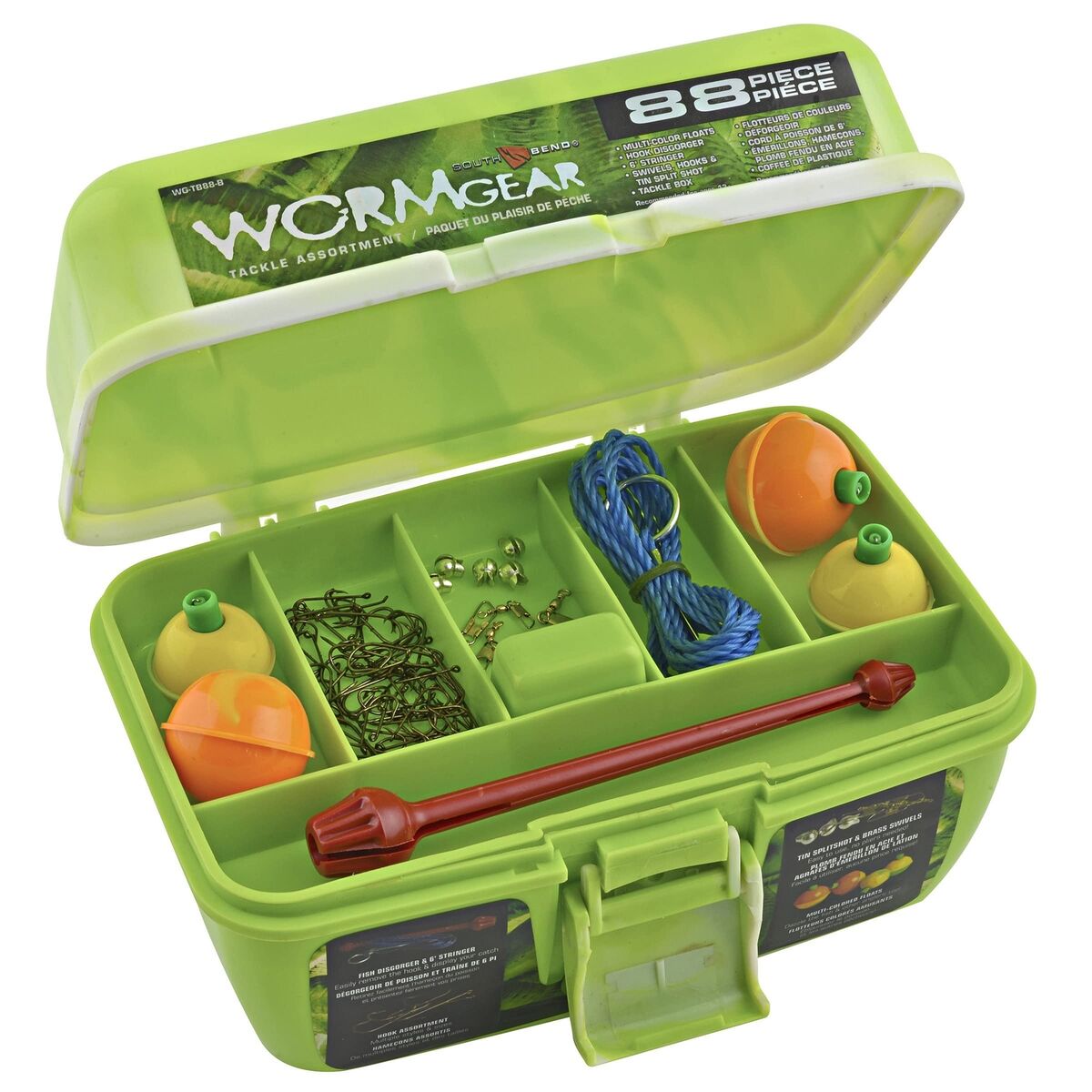 88 Piece Worm Gear Green 1-Tray Tackle Box Complete Starter Kit for  Beginners