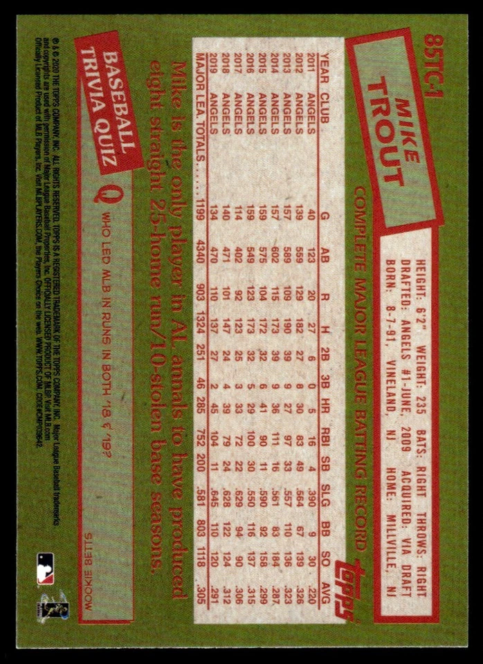 2020 Topps Chrome 1985 Baseball Mike Trout Los Angeles #85TC-1 R64 - Image 2 of 2