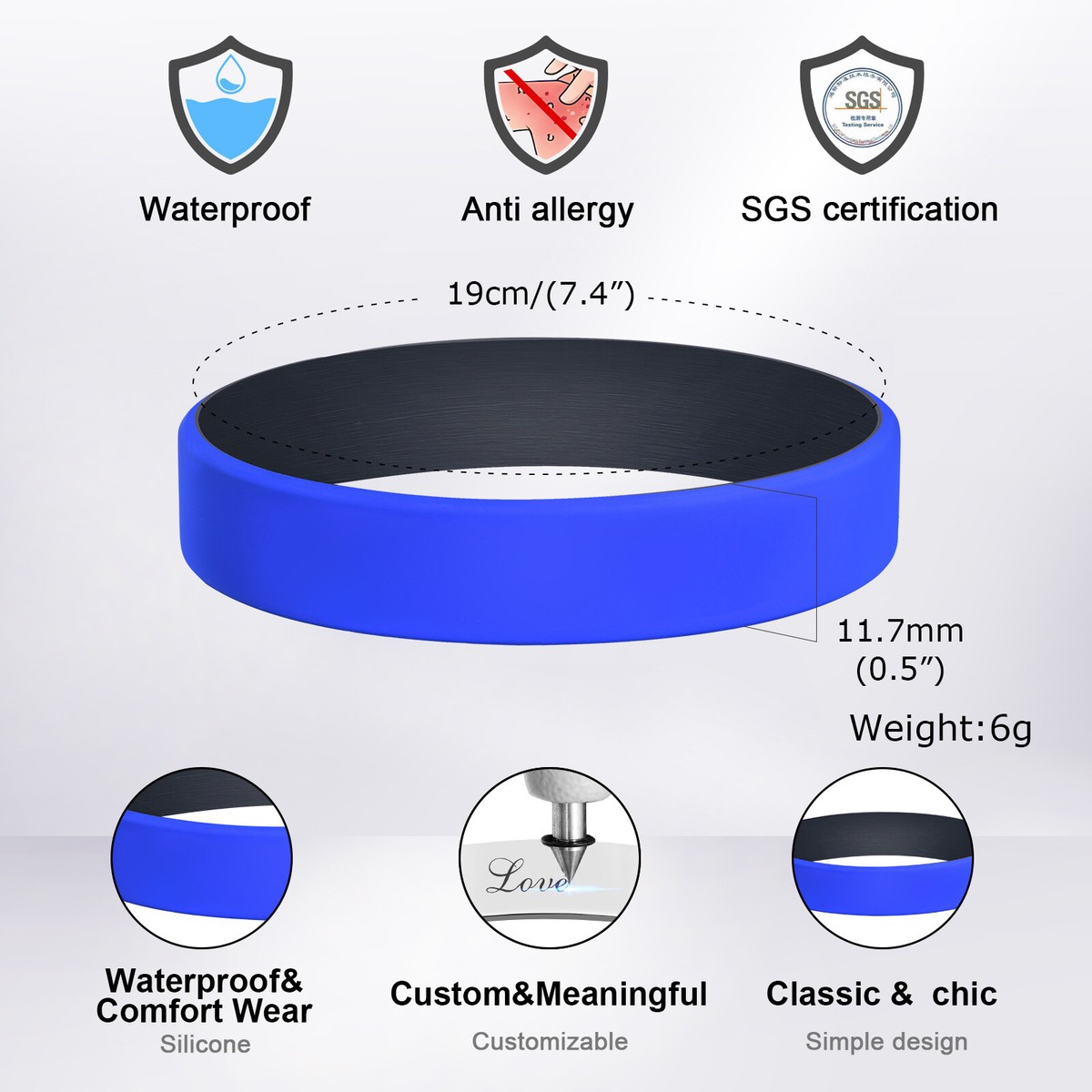 Custom Engraved Silicone Bracelet – Personalized Stainless Steel Tag, Adjustable Waterproof Wristband