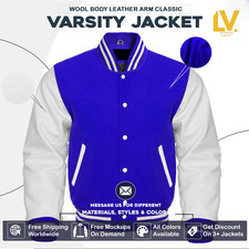 Varsity Letterman Jacket For Men Women  Kids Royal Blue Body White Sleeves