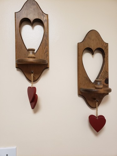 Pair of Vintage WOODEN HEART SCONCES Candle Wall Hangings 15" W/2 Hanging Hearts - Picture 2 of 21