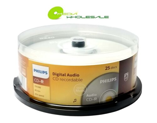 25 CD-R de música digital PHILIPS 40X logotipo de marca 700 MB disco de medios de audio caja de pasteles - Imagen 1 de 3