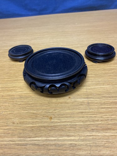 3 Unique Round Design Carved Shape Rosewood Footed Pedestal Display Stand