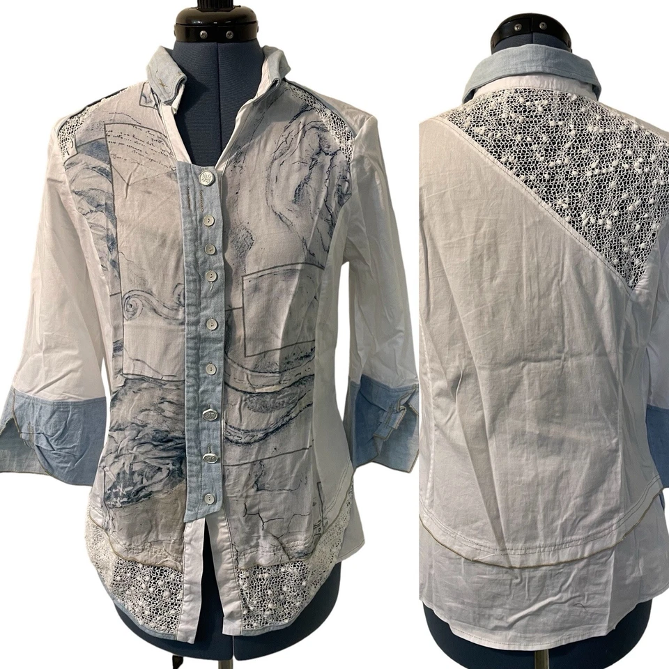 Blusa Elisa Cavaletti Azul Blanco Azul Estampado Onda Encaje Crochet Denim Puño Artístico S