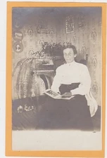 Real Photo Postcard RPPC - Interior Woman with Photo Album and Ferns