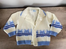 Vintage GLO-KNIT Baby Kids Up To 3 Years Bear Sweater Cardigan Blue Flaw