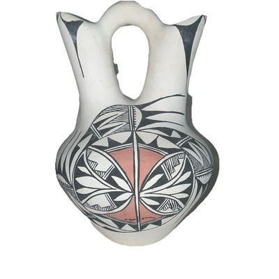 A.C. Signed Native American Wedding Vase Pottery White Black Red