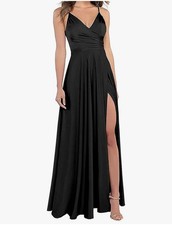 Satin Bridesmaid Dresse Prom V-Neck A-Line Guest Dress with Slit SIZE 8