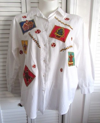CST Sport Vintage Embroidered Christmas Design Button Front Blouse Size 18W