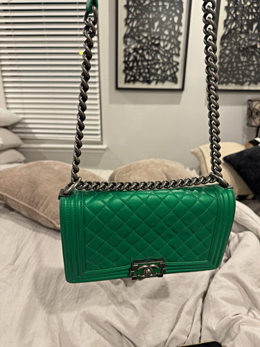 CHANEL Boy Small Green Quilted Flap Shoulder Bag Push Lock Silver Chain
