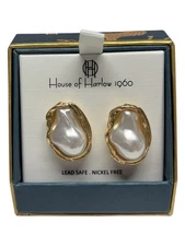 Rare Designer House Of Harlow 1960 Pearl & Gold Post Earrings NIB Asymmetrical