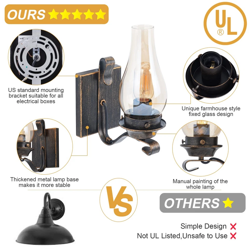 2 Pack Rustic Wall Light Vintage Oil Rubbed Bronze Sconce Amber Glass Fixtures - Image 4 of 4