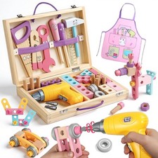 Pink Wooden Kids Tool Set with Drill 44Pcs Educational Montessori Toys for 3 Yea