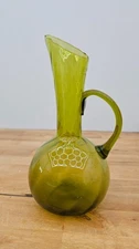 Vtg Blenko Optic Twist Pitcher Glass Vase Applied Handle Avocado Green