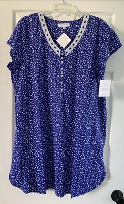 NWT Eileen West XL Nightgown sleep shirt Blue White 100% cotton knit Ribbon Lace