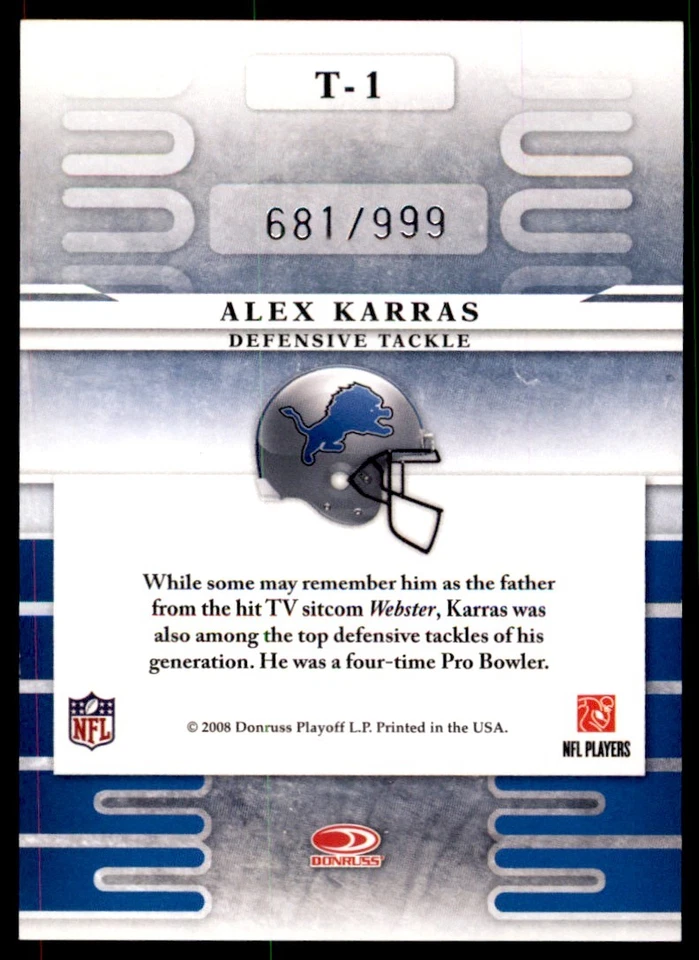 2008 Leaf Limited Team Trademarks Alex Karras 681/999 Detroit Lions #T-1 - Image 2 of 2