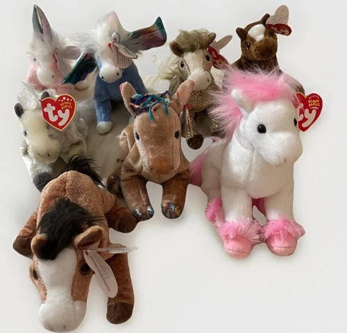 Lot 8 Retired Vtg Beanie Horses Unicorn Pegasus Beanie Babies Ty Tags 2000-2004