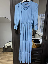 Boohoo Blue No Pattern Maxi Dress 10 Long Sleeve V-Neck Elastic Waist Tie