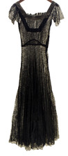 T3 ANTIQUE 1920  S SHEER BLACK French Lace Long DRESS Hand Sewn Grosgrain Ribbon