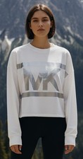 NWT MICHAEL KORS WHITE / SILVER CROPPED LOGO SWEATSHIRT SIZE MEDIUM MSRP 98.00