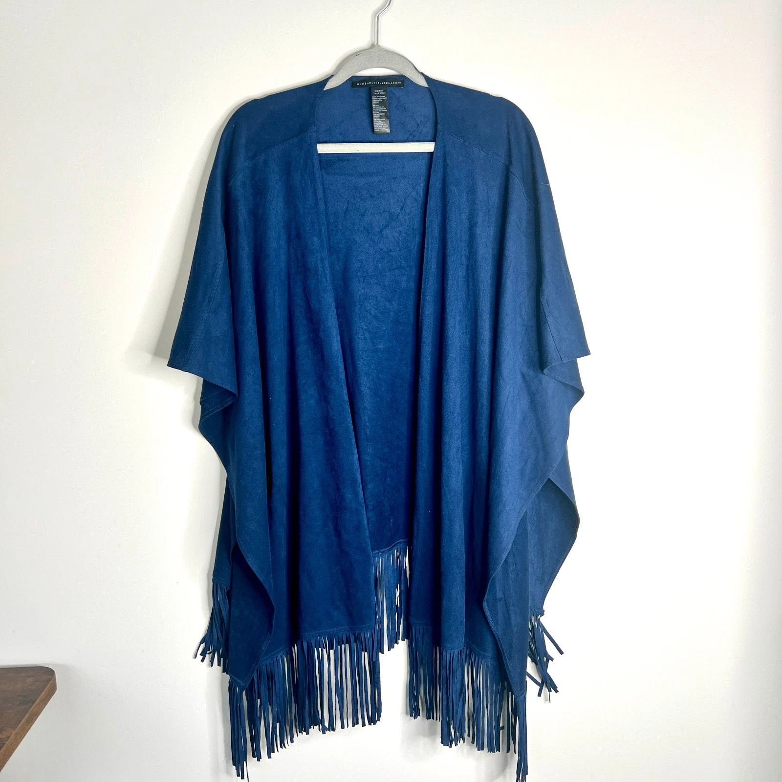 WHBM Navy Blue Faux Suede Fringe Oversized Poncho Shawl Western Boho Sz OS