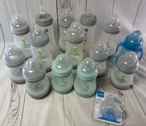 Baby Boy MAM Bottle LOT 14 Gray Dinosaur Mint Sailboat 5-9 oz with Nipples