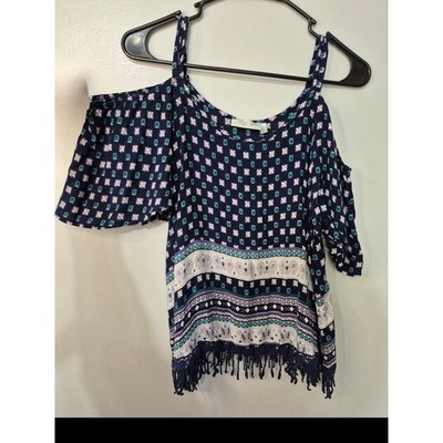 RD Style Boho Cold Shoulder Top Fringe Hem Navy Teal Flowy Small