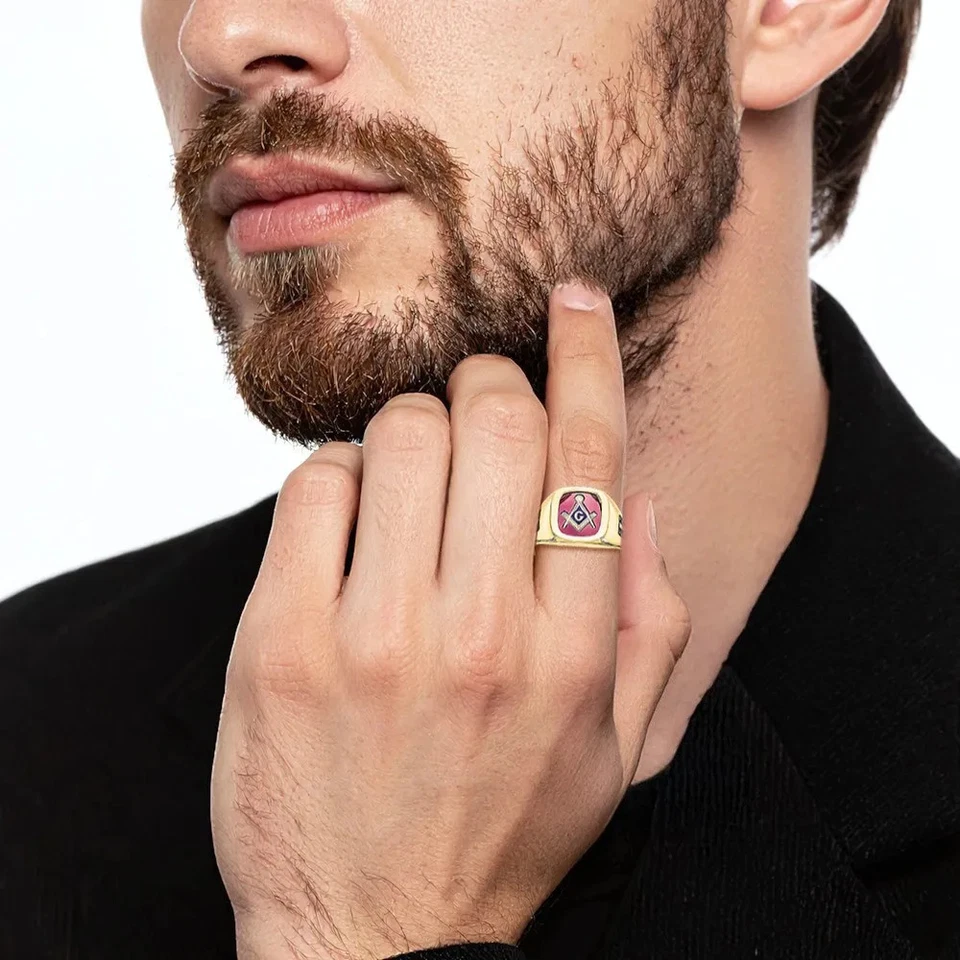 10K Solid Yellow Gold Mens Black Lab Ruby Masonic Ring - Image 4 of 4