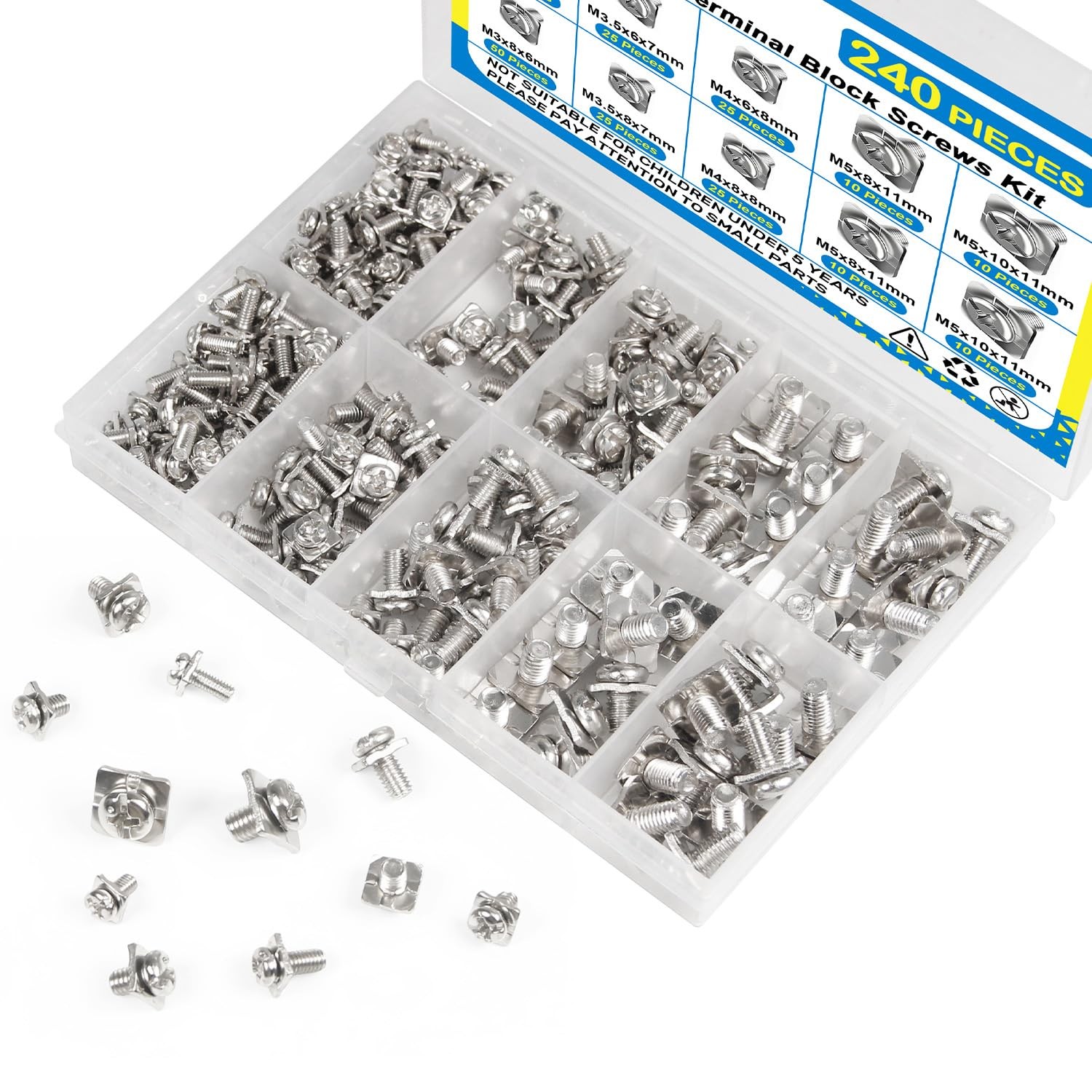 Screw Terminal Blocks Kit M3 M3.5 M4 M5 Nickel Plated Steel 240PCS Washers