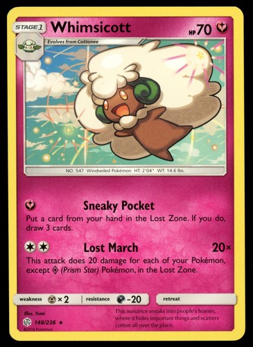 Whimsicott 148/236 Rare Cosmic Eclipse Pokemon Near Mint