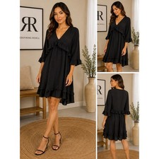 Entro Black Ruffled 3/4 Sleeve V Neck Babydoll Tiered Short Dress NWT Size M