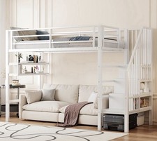 Hochbett 90x200 cm mit Stauraum und Treppe, Weiß, Metall, Kinder - Jugendliche