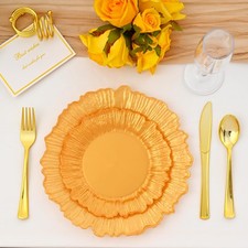 60Pcs Gold Floral Plastic Plates, Gold Fancy Disposable Plate, Heavy Duty Pla...