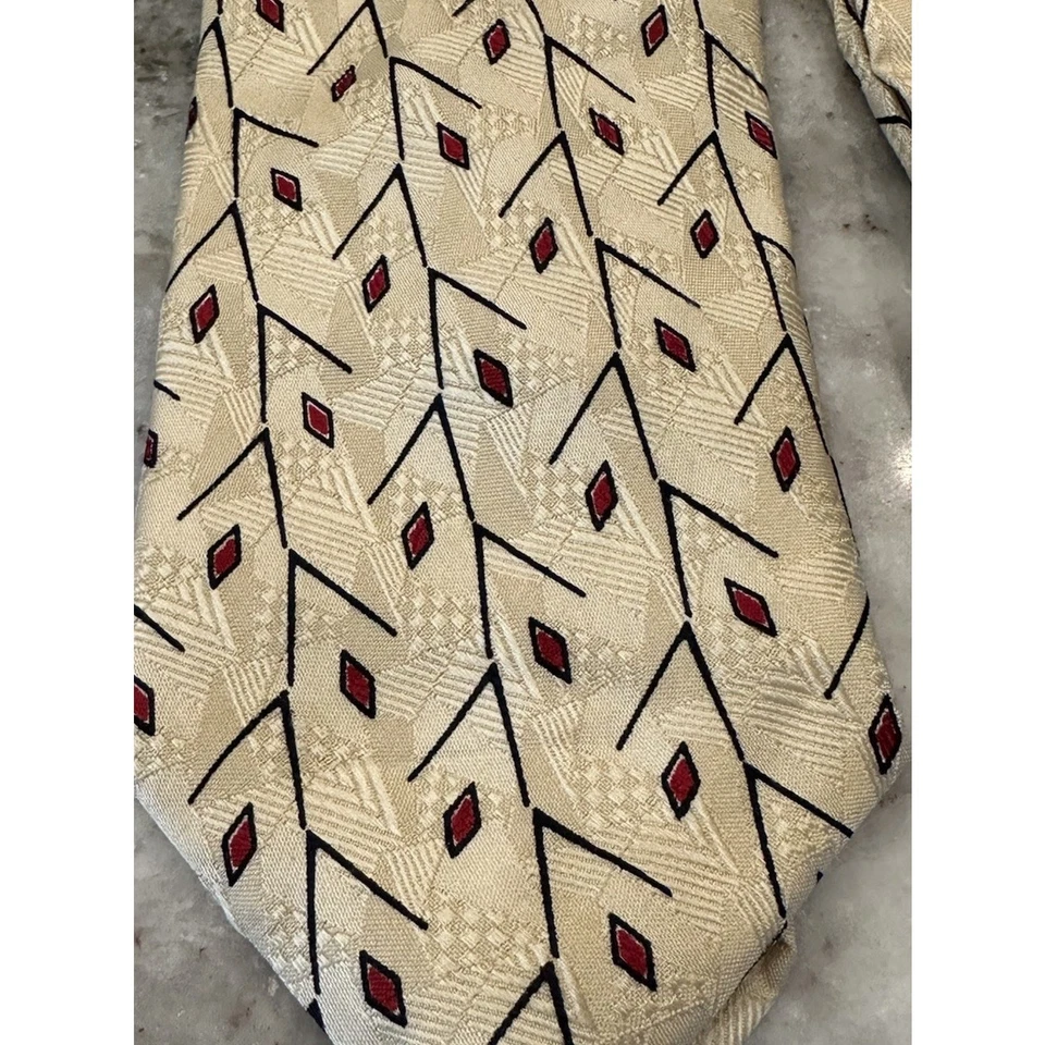 ROBERT TALBOTT Studio 男式丝绸领带美国设计师几何奶油色金色二手状况完好 — 第 2/4 张图片