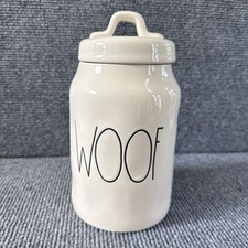 Rae Dunn WOOF Dog Treat Ivory Ceramic Jar with Lid Canister by Magenta 8"
