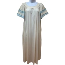 Vintage Val Mode Nylon Long Nightgown Prairie Cottagecore Blue Lace Detail L