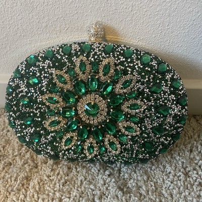 Ramla Mosaic Faux Green Emerald Diamond Clutch Purse Crossbody Chain Handle Prom