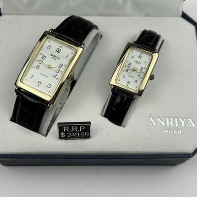 Vintage Anriya Milan His & Hers Watch Set Gold Tone Tank Rectangle New Batteries