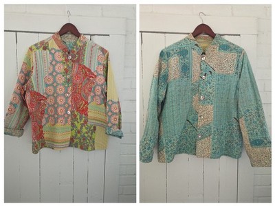Handmade Double-Sided Reversible Jacket Mother Pearl Buttons Patchwork Eclectic 