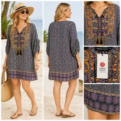 Urban Coco Tunic Dress Womens 2XL Multicolor Boho Geometric Ruched Tassel NWT