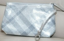 NWT BURBERRY WOMEN'S Makeup COSMETIC POUCH PURSE LEATHER CASE SILVER SMALL