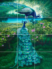 blue peacocks in garden exotic bird ceramic tile mural backsplash