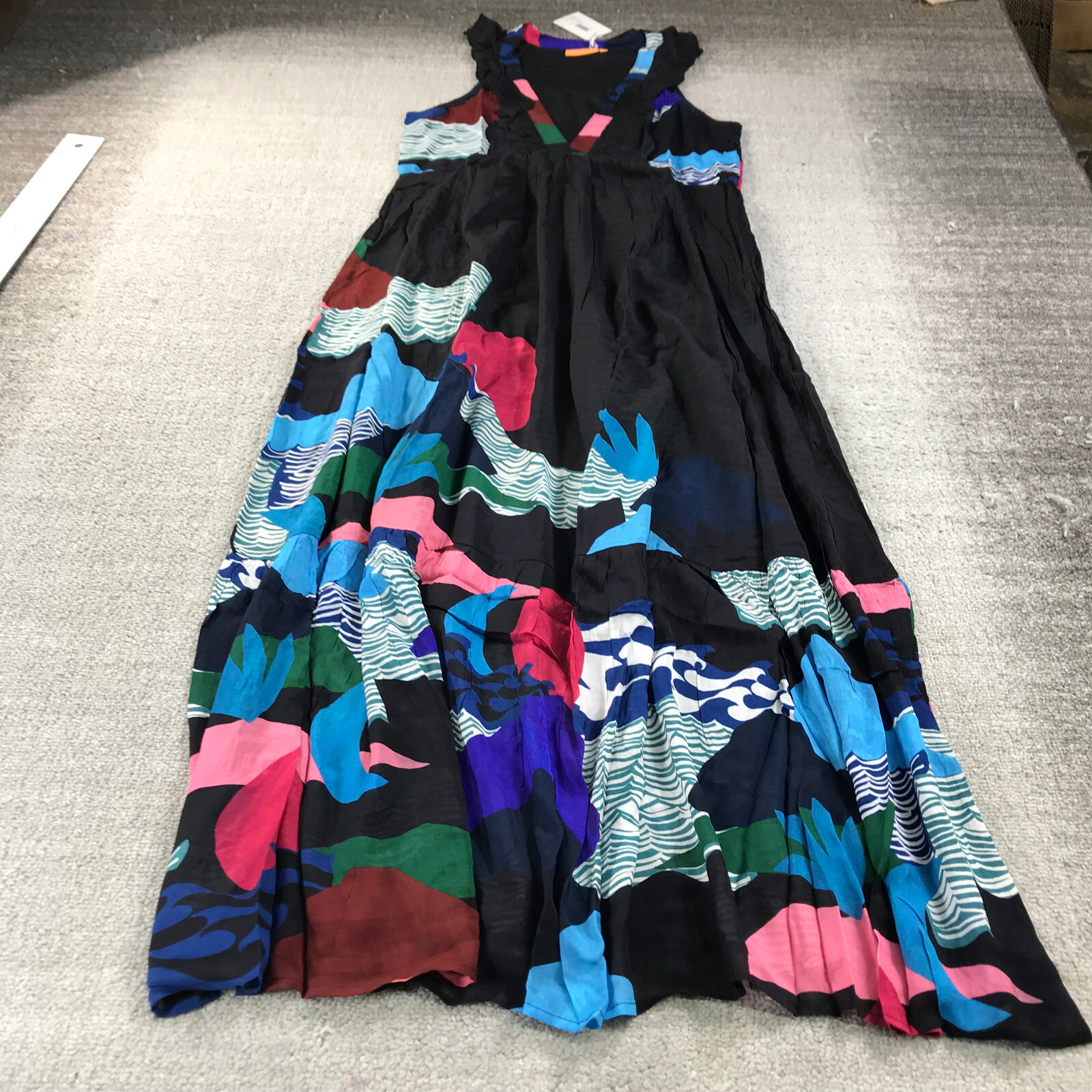 New Oliphant Dress Womens Large 1140V Ruffle V Neck Maxi Lined Silk Blue Pacifi eBay