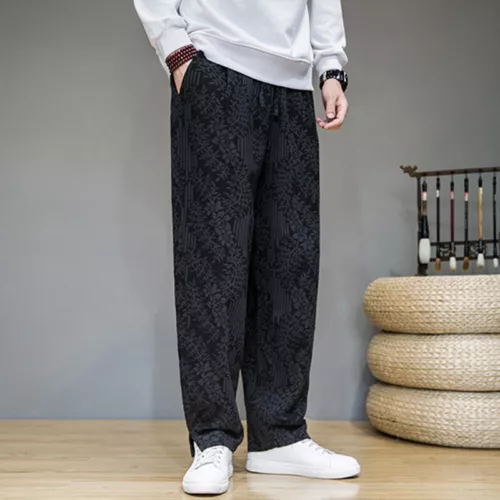 Men Linen Blend Floral Joggers Pants Ethnic Casual Elastic Waist Long Trousers - Picture 5 of 17