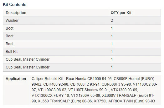 Kit de reconstrucción de pinza de freno trasera Honda XL600V TRANSALP (Euro) 91-99, todas las bolas Foto 2 de 3